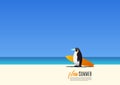 Penguin wearing mask walking on beach in new summer vacation concept. New normal travel after Corona Virus pandemic.