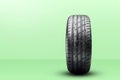 new summer tire. front view, green spring background, copy space