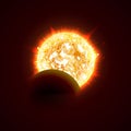 New sun eclipse vector illustration, 3d bright sunny summer day. Half of the sun realistic picture. Royalty Free Stock Photo