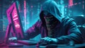 hooded Cyber Attack Hacker intensely focused on a futuristic computer screen