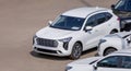 New SUVs in the parking lot of the dealership. Sale of new cars in a car dealership. copy space Royalty Free Stock Photo