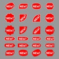 New tag icon. A new sticker sets, labels. Sticker icons with text New . Set of the banners with the white lettering New!