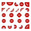 New tag red sign - concept stiker label set. Discount sale price tags labels stikers. Icons isolated. Flat design style. Icon set.