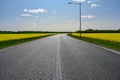 new tarmac road through yellow canola fields Royalty Free Stock Photo