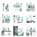 New technologies, artificial intelligence set, scientists working in the laboratory with robotic machines vector