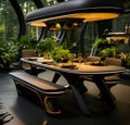 New technologies green indoor design. Futuristic modern interior with plants. Generative AI