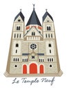 New Temple in Metz, France. Vector isolated illustration with lettering