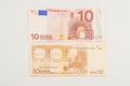 New ten euro banknote, isolated on white. Ten euro bank note finance currency close up detail money fragment Royalty Free Stock Photo