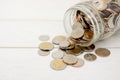 New Thai Baht coins spilling from a glass jar, on white wooden table. Royalty Free Stock Photo