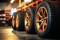 4 new tires that change tires in the auto repair service center Royalty Free Stock Photo