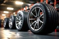 4 new tires that change tires in the auto repair service center Royalty Free Stock Photo