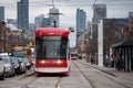 New Toronto Streetcar on a tram stop on Spadina Avenue, Downtown Toronto, Ontario. It is one of symbols of public transportation