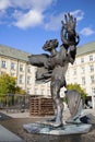 New town city hall Nova radnice, Prokes square Prokesovo namesti, Ostrava, Czech Republic, Czechia. Fountain with statue of Ic