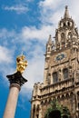 New Townhall and a golden statue of Virgin Mary in Munich