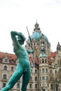 New Townhall in Hannover, Germany. Statue in front of Hannover New townhall