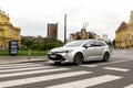 New Toyota Corolla, 2019 model in urban environment. Car in motion. Front view of the car. Royalty Free Stock Photo