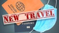 New travel, covid, traveling and immune document, symbolize the new era in travel and the covid and vaccine impact on tourists, 3d