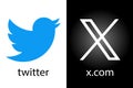 New Twitter vs x.com. Novation Elon Mask. popular social media button icon, instant messenger logo of Twitter. Editorial vector