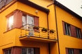 The new two-storey residential building with flowers on balcony. Cozy private house Royalty Free Stock Photo