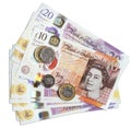 New UK Twenty Pound Notes and Coins Isolated Royalty Free Stock Photo