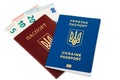 New ukrainian blue international biometric passport lying on old ukrainian red international passport with 35 euro banknotes cash