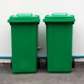 A new unbox green large bins ready to use on footpath and white concrete wall Royalty Free Stock Photo