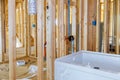 New under construction bathroom with interior framing of bathroom Royalty Free Stock Photo