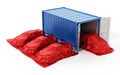 New unloaded cars covered with red clothes and shipping container isolated on white background. 3D illustration