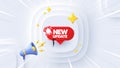 New update banner. Red speech bubble with bell. Neumorphic offer 3d banner, poster. Vector