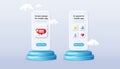 New update banner. Red speech bubble with bell. Phone mockup on podium. Vector