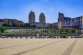 New urban district with glass towers on Sicheslavska embankment in Dnipro Ukraine. Square with cars and modern high-rise