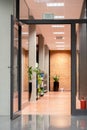 New vacant empty modern corporate office building interior area entrance, wide open doors, corridor, business vertical background