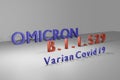 3D rendering of the word Omicron, the variant of covid 19