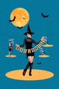 New vertical template collage artwork of funny girl magician hold halloween flags decor invite party midnight isolated