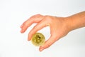 New virtual money: Hands holding Cryptocurrency coin - The Bitcoins / White Background / The future Cryptocurrency / Business andG Royalty Free Stock Photo