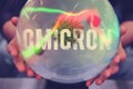 The new virus covid omicron in a divination ball with man hands. The inscription with the new coronavirus Omicron and pandemic