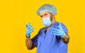 New viruses detected all the time. Beginning of virus outbreak. Man doctor uniform yellow background. Type of virus