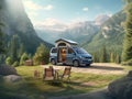 new Volkswagen Multivan California against the backdrop of a beautiful landscape in the mountains
