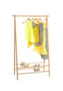 New wardrobe rack with stylish lady`s clothes and shoes Royalty Free Stock Photo