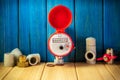 New water meter with fittings on a vintage wooden background Royalty Free Stock Photo