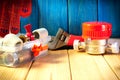 New water meter with fittings and wrench on a wooden background Royalty Free Stock Photo