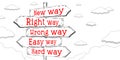 New way, right way, wrong way, easy way, hard way - outline signpost with five arrows Royalty Free Stock Photo