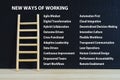 New Ways Of Working text on black cover with wooden ladder symbolizing teamwork, structure, and organized progress Royalty Free Stock Photo