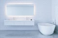 New white bathroom with big ceramic bathtub view 2 . 3d render Royalty Free Stock Photo