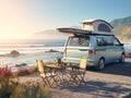 New white camper van with a rooftop tent in front of a beautiful seascape during sunset. Family travel by car