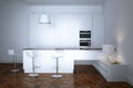 New white contemporary kitchen furniture in minimalistic room in