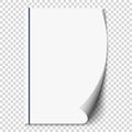 New white page curl on blank sheet paper. Realistic empty folded page. Transparent design sticker. Vector