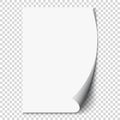 New white page curl on blank sheet paper. Realistic empty folded page. Transparent design sticker. Vector