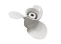 New white screw for a motor boat. Three bladed propeller isolated over white background. Outboard engine propeller isolated Royalty Free Stock Photo