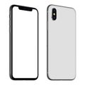New white smartphone mockup similar to iPhone X front and back sides CCW rotated isolated on white background Royalty Free Stock Photo